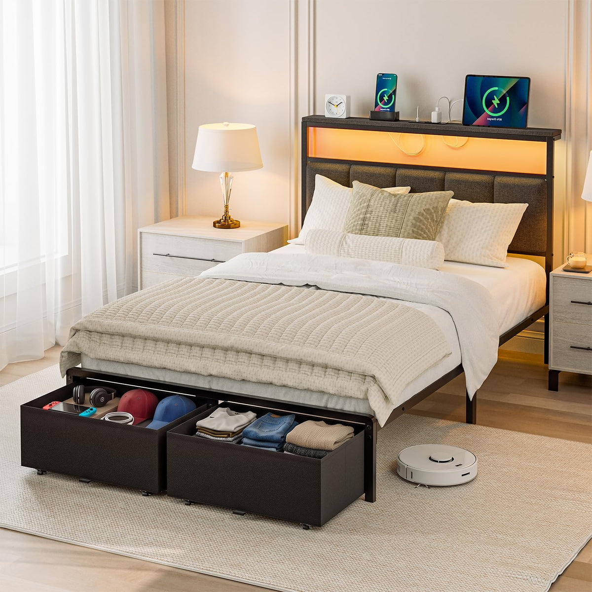 Grey Upholstered Twin Bed Frame with 2 Storage Drawers M85085