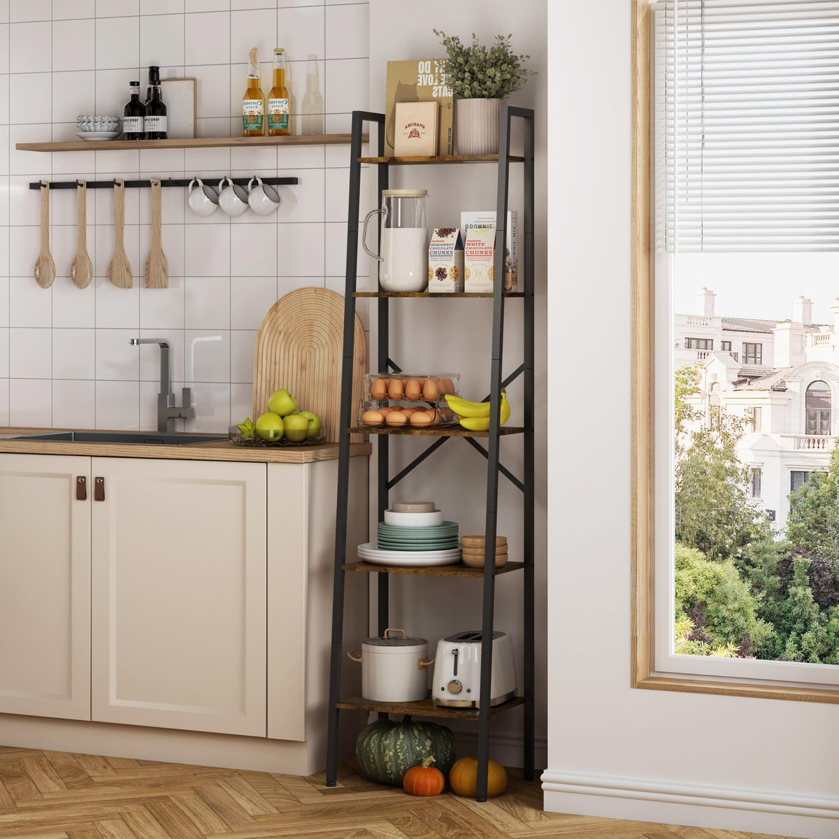 5-Tier Rustic Brown Metal Ladder Bookshelf T455760
