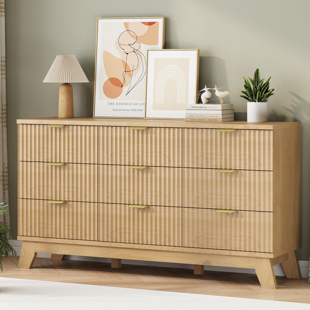 Natural Oak 9 Drawer Fluted Wood Dresser G22715