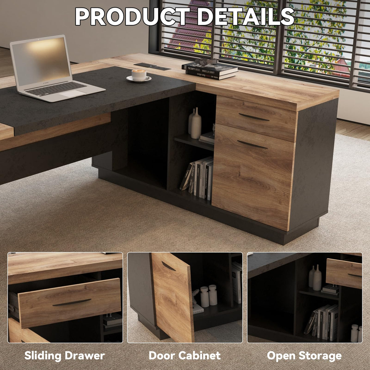 Black and Wood L Shape Executive Desk with Drawers and Shelves O2530