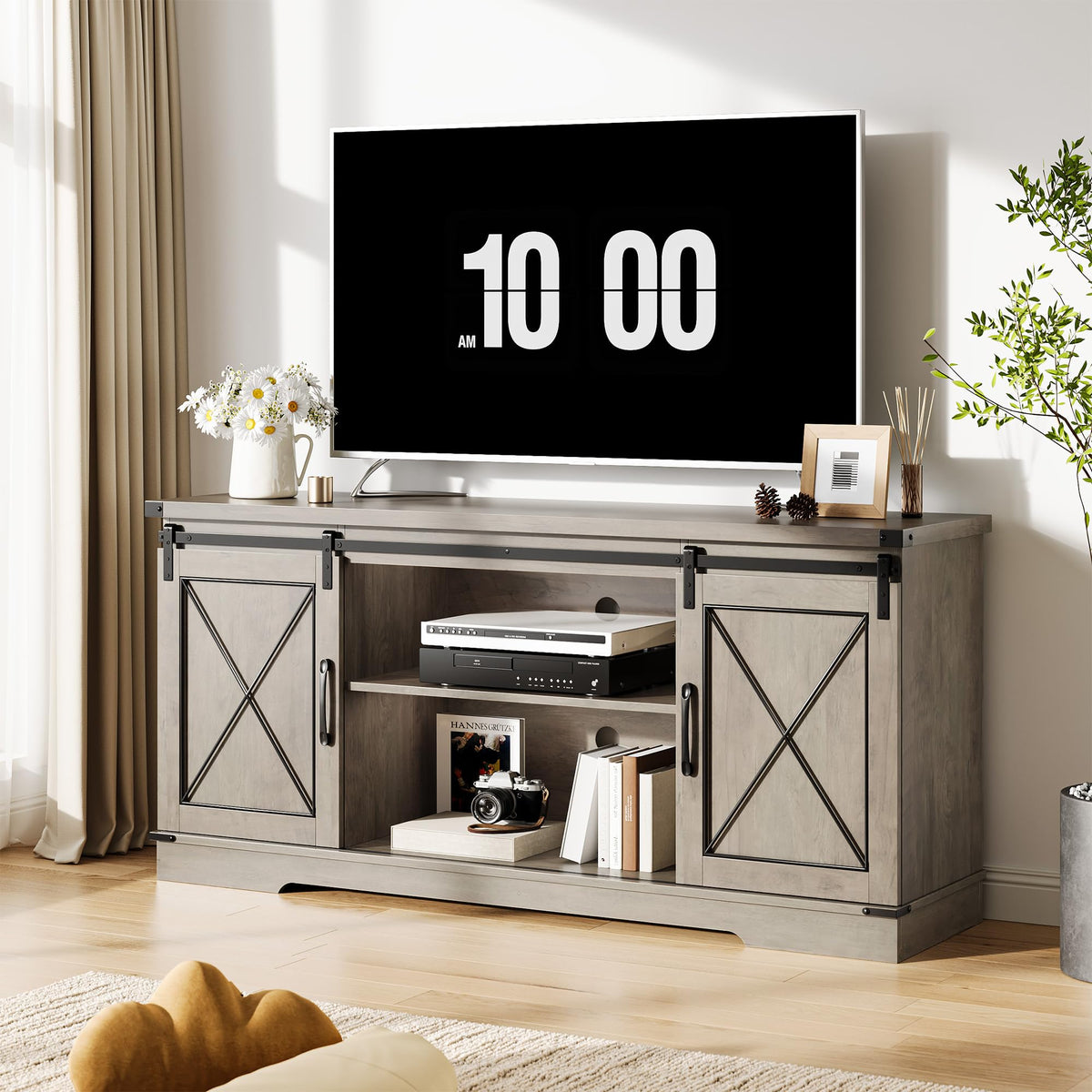 Farmhouse TV Stand 65+ inch with Sliding Barn Doors and Storage Cabinets C537