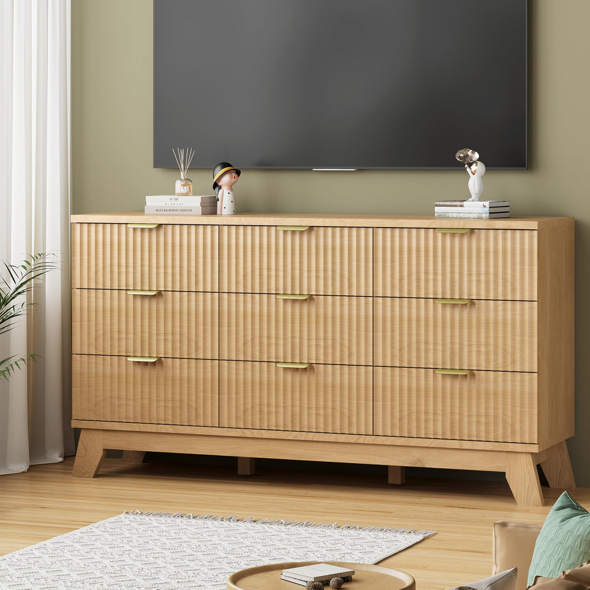 Natural Oak 9 Drawer Fluted Wood Dresser G22715