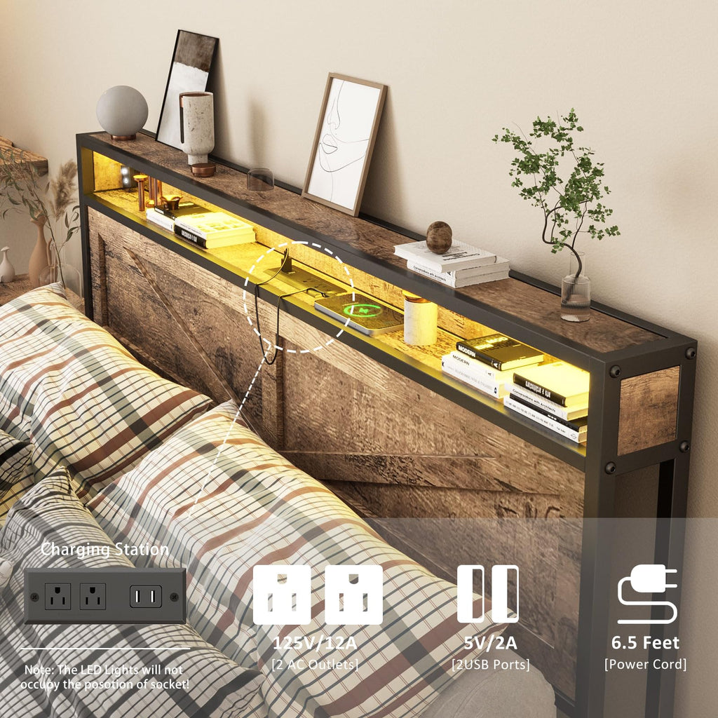 Queen Size LED Metal Platform Bed Frame with Charging Station R2801