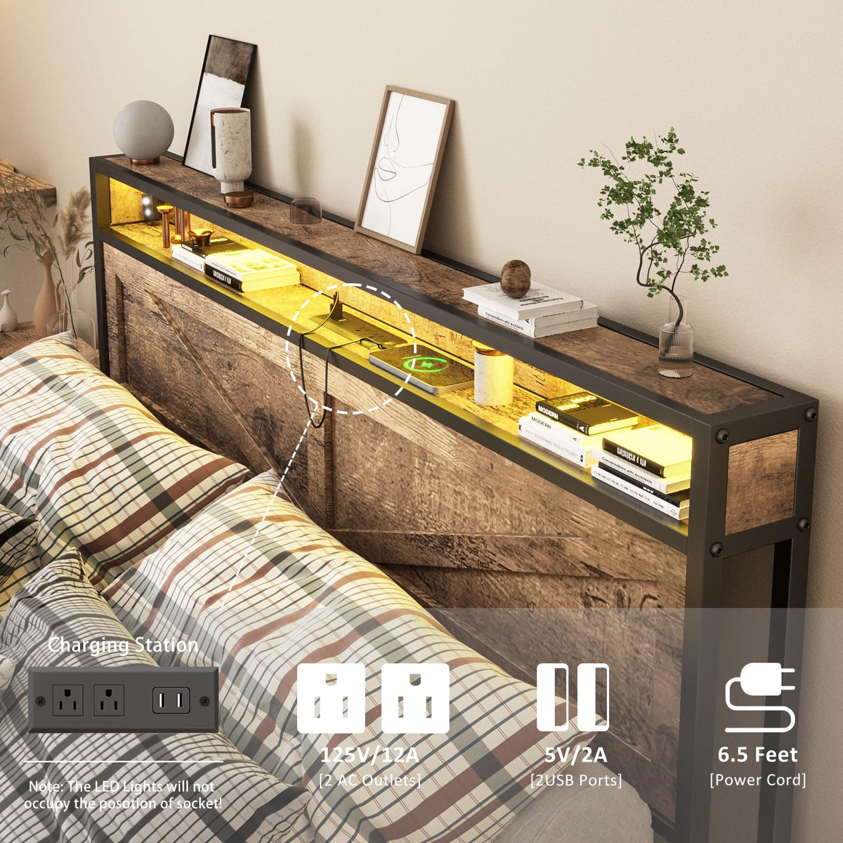 Queen Size LED Metal Platform Bed Frame with Charging Station R2801