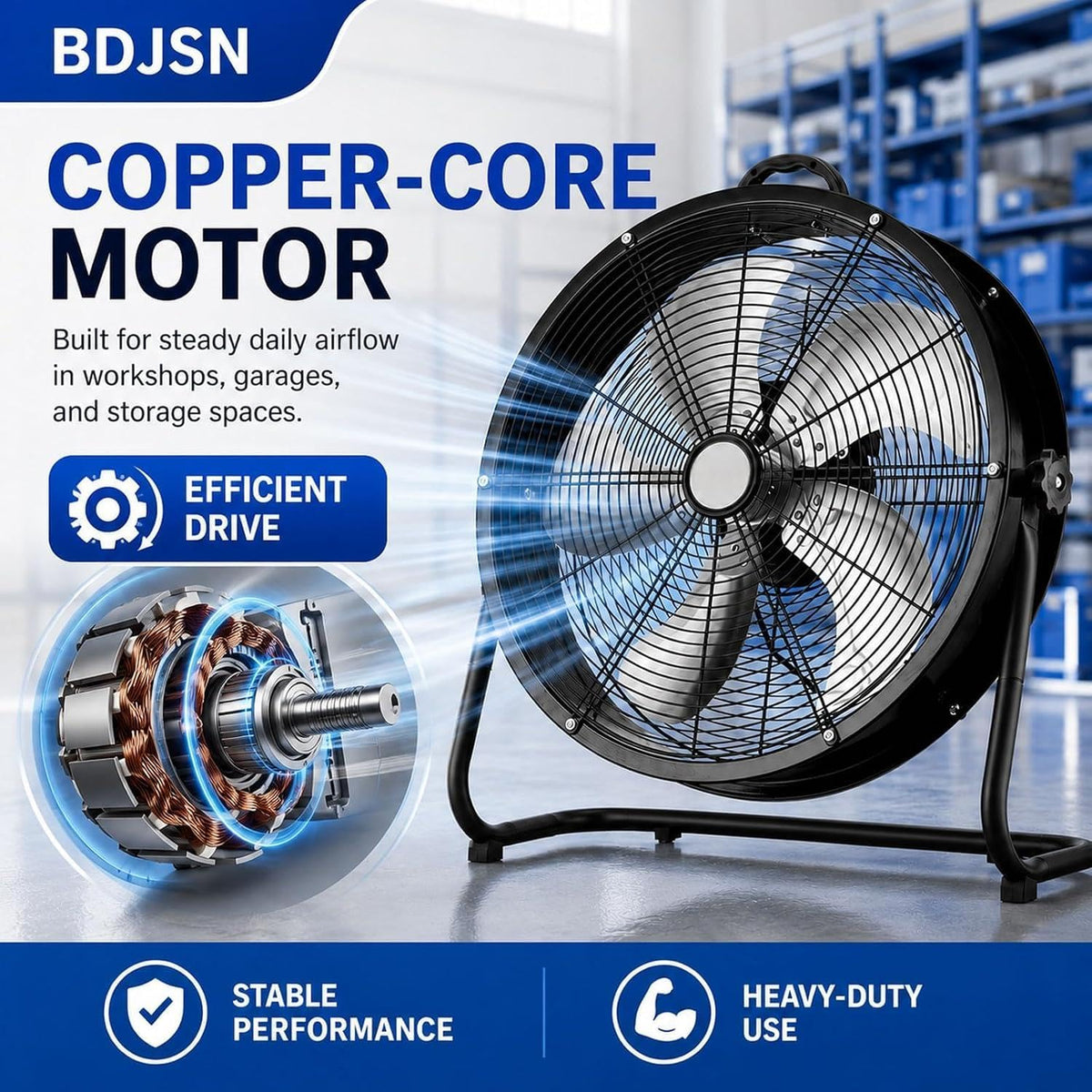 Industrial Drum Fan, High Velocity Air Circulator with 5 Aluminium Blades, 3-Speed Adjustable Tilt Metal Floor Fan T484