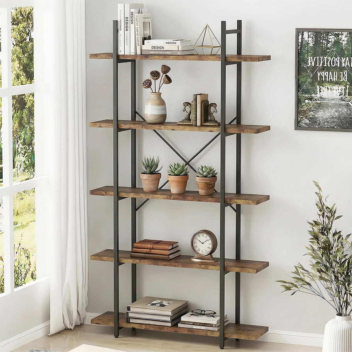 5 Tiers Rustic Brown and Metal Bookshelf B804613