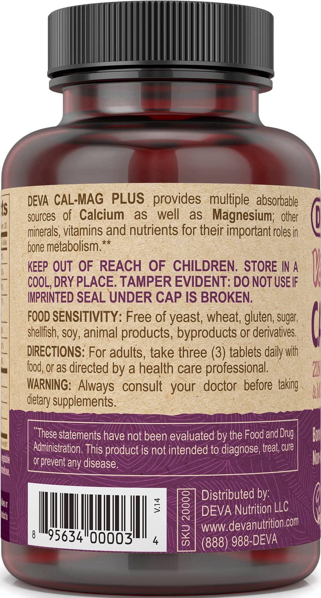 Vegan Calcium Magnesium Supplement with Zinc 90 Tablets E86240