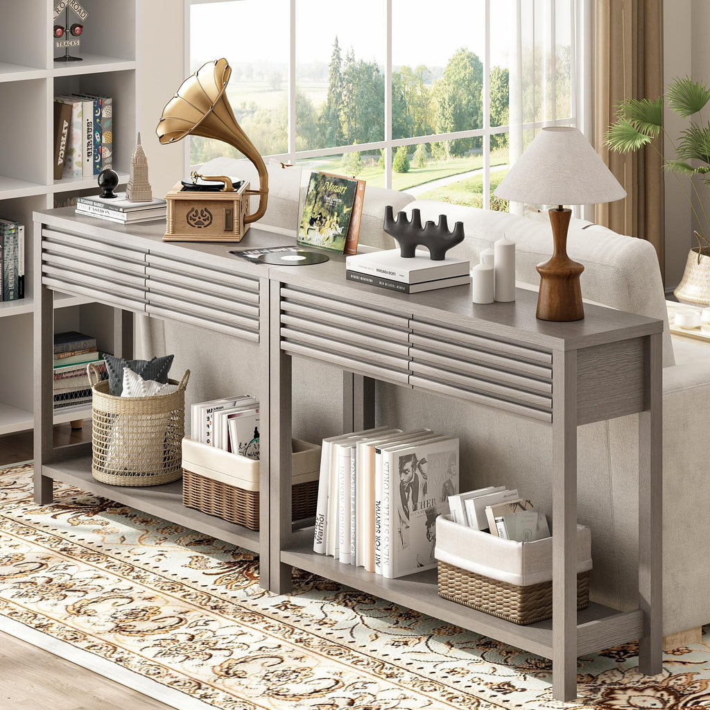 Oak Gray Fluted Console Table with Drawers A837658