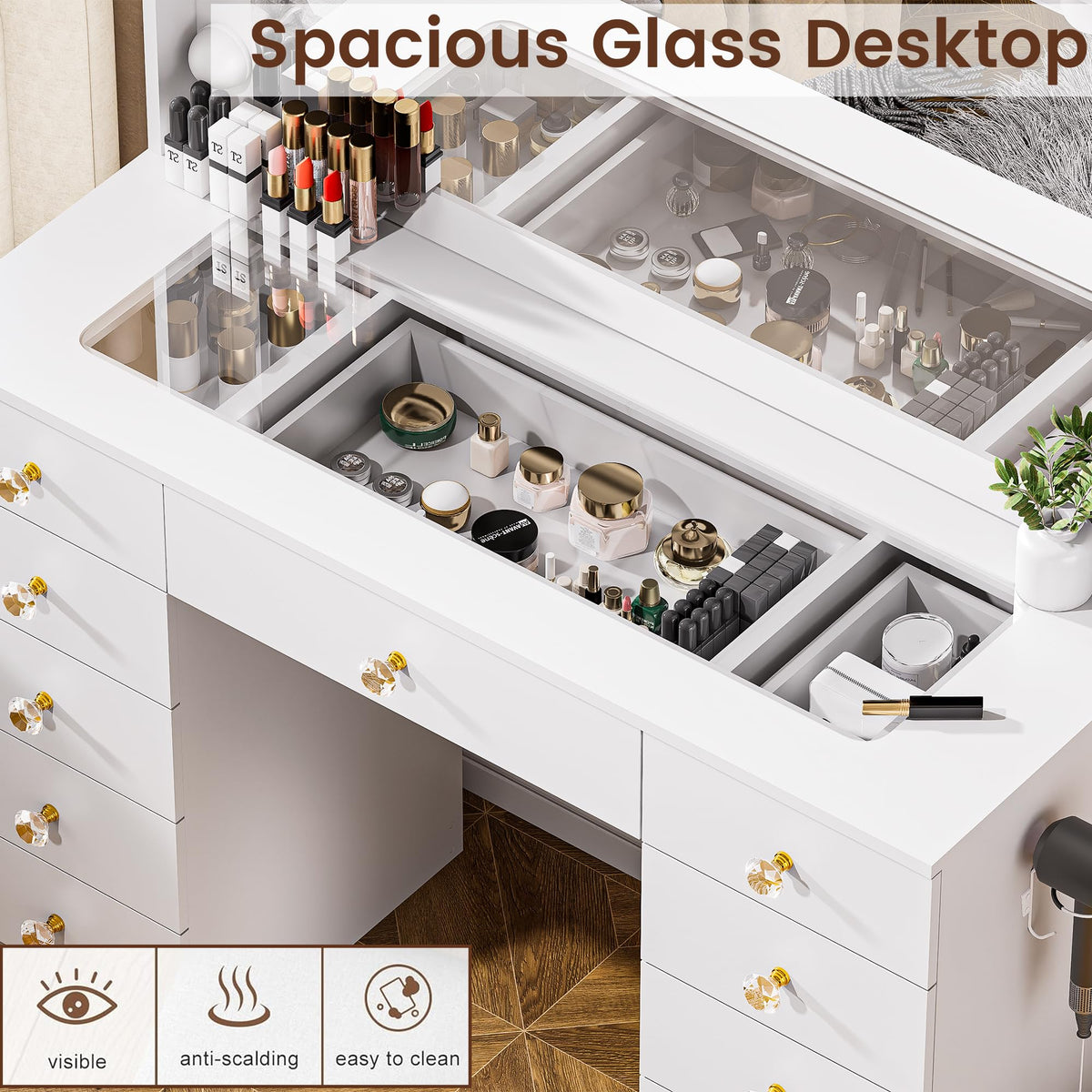 White Vanity Desk with Mirror 10 LED Lights 11 Drawers S101