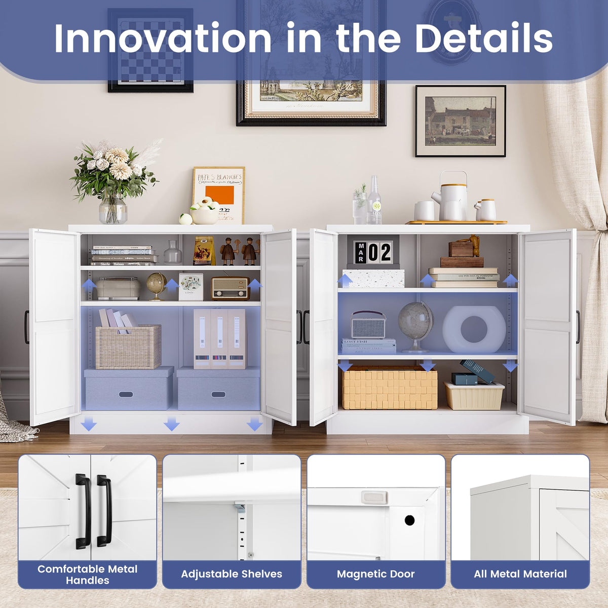 White 36" Metal Storage Cabinet with Doors and 2 Adjustable Shelves K261