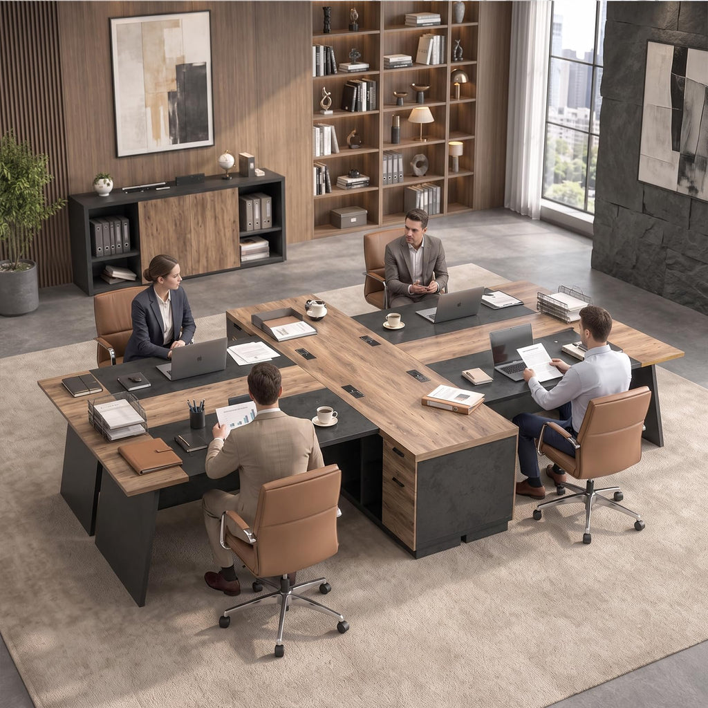 Black and Wood L Shape Executive Desk with Drawers and Shelves O2530
