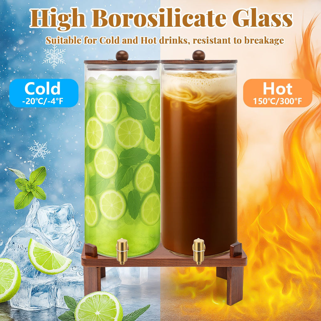 2 Pack 4 Gallon Glass Drink Dispenser with Acacia Wood Stand and Lid Z231020