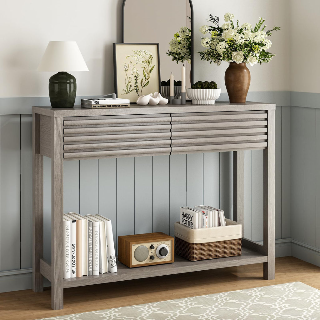 Oak Gray Fluted Console Table with Drawers A837658