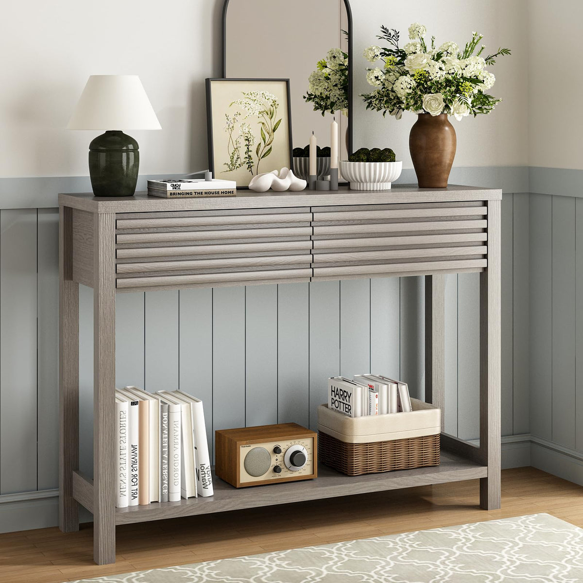 Oak Gray Fluted Console Table with Drawers A837658