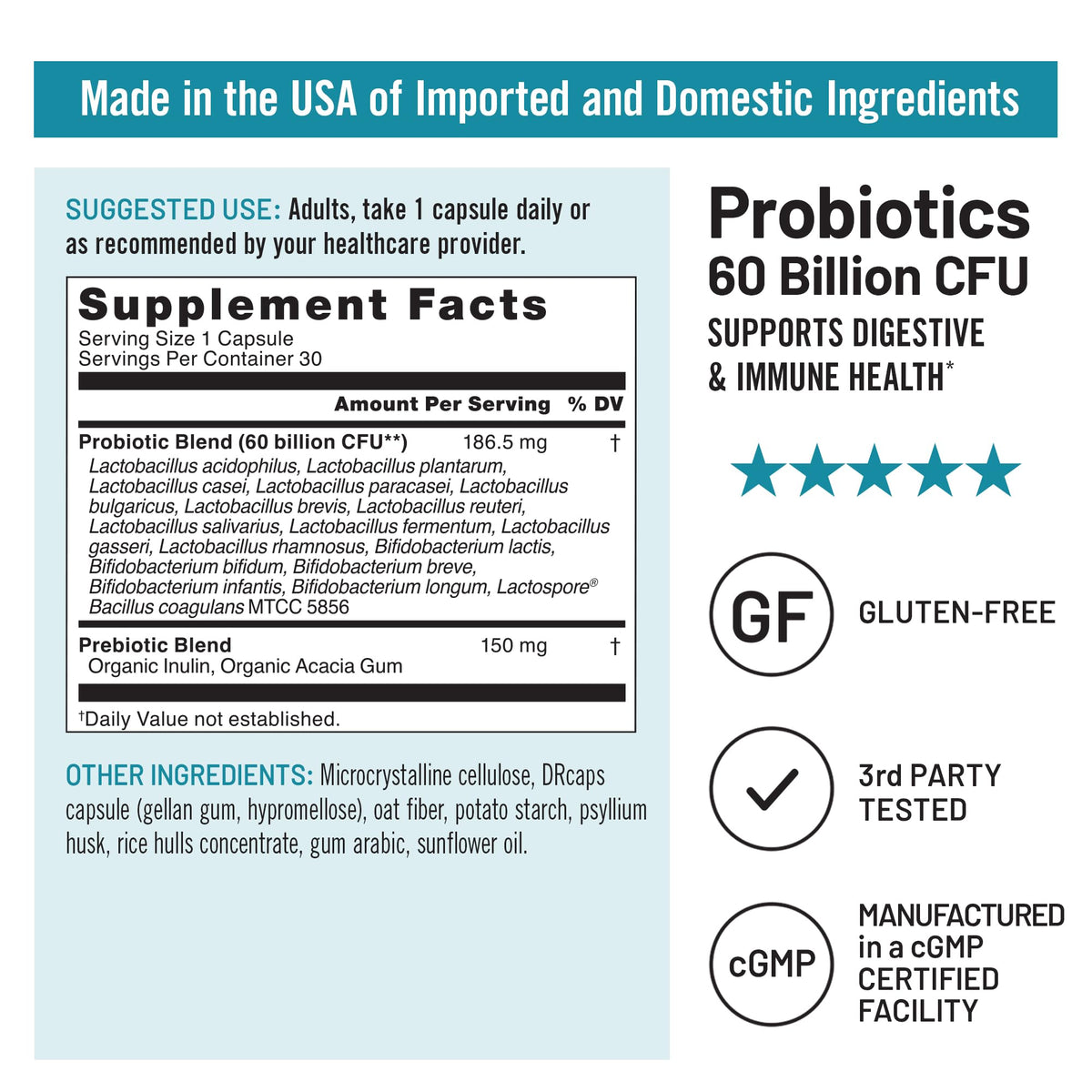 60 Billion CFU 17 Strains Probiotics with Prebiotics 30 Capsules A446