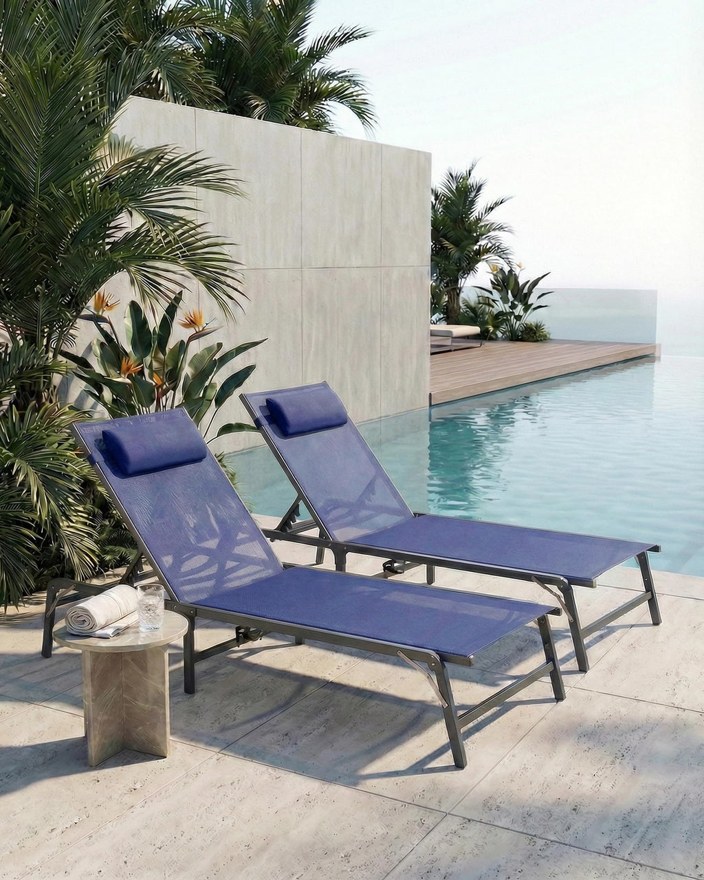 2 Pack Blue Foldable Chaise Lounge Chair with Cup Holder and Pillow R39746