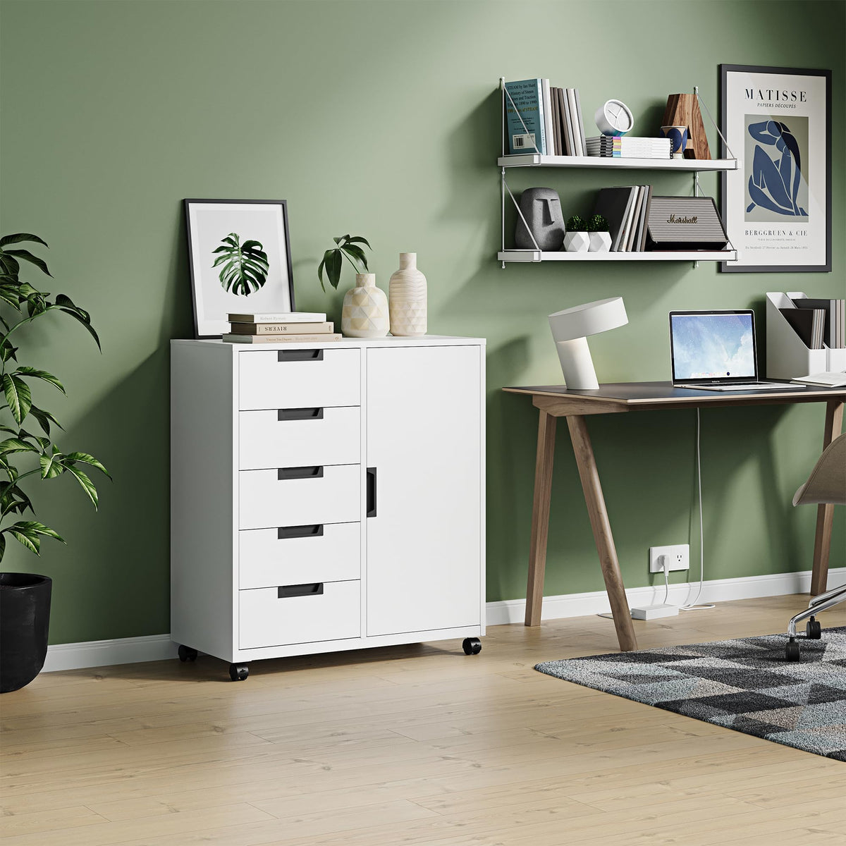 White 5 Drawer Storage Cabinet with Shelves and Door L43280