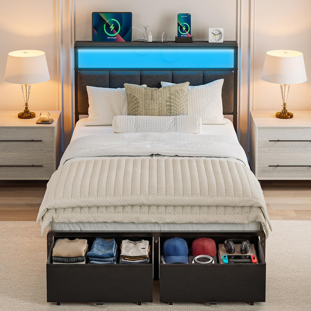 Grey Upholstered Twin Bed Frame with 2 Storage Drawers M85085