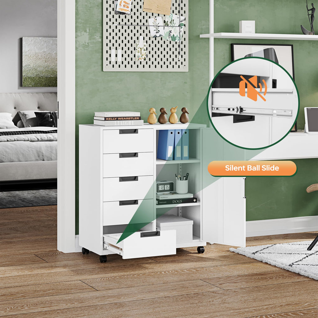 White 5 Drawer Storage Cabinet with Shelves and Door L43280