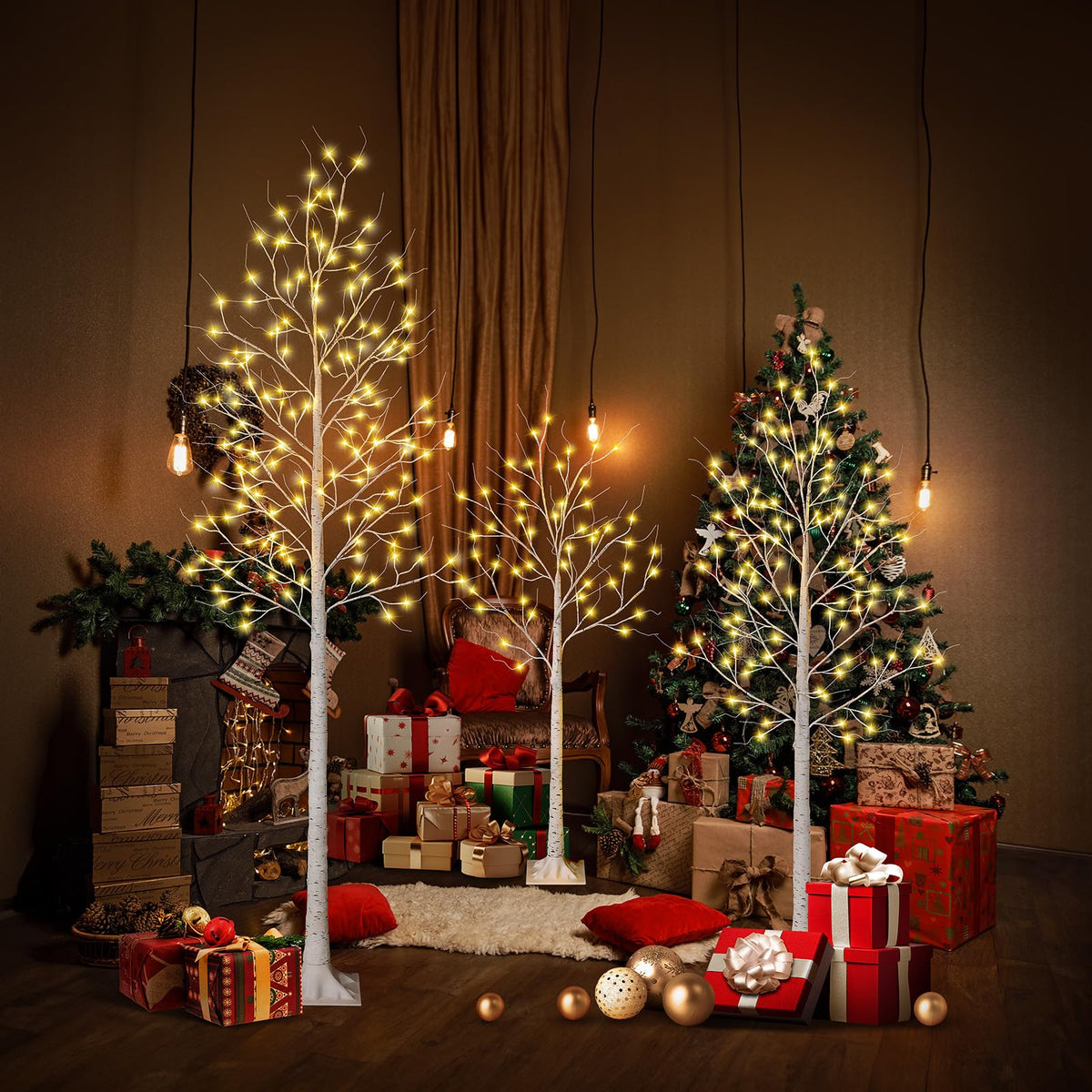 White Birch Tree with Lights Set of 3 Christmas Decorations with Warm White Lights Y817908