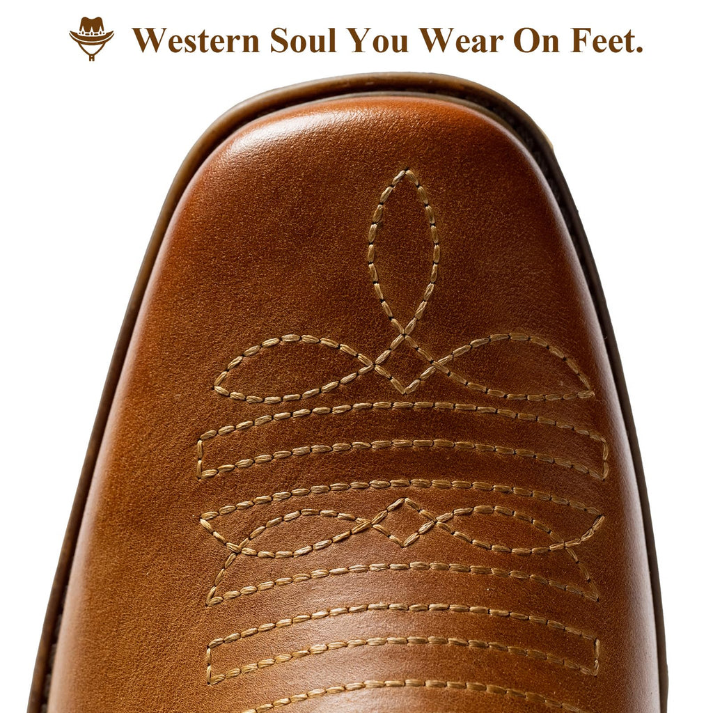Cowboy Boots for Men Square Toe Leather Ankle Western Chelsea Slip On Boots S8094