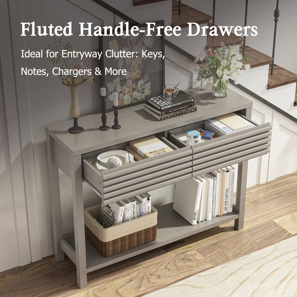 Oak Gray Fluted Console Table with Drawers A837658