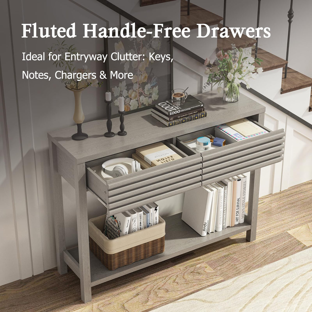 Oak Gray Fluted Console Table with Drawers A837658