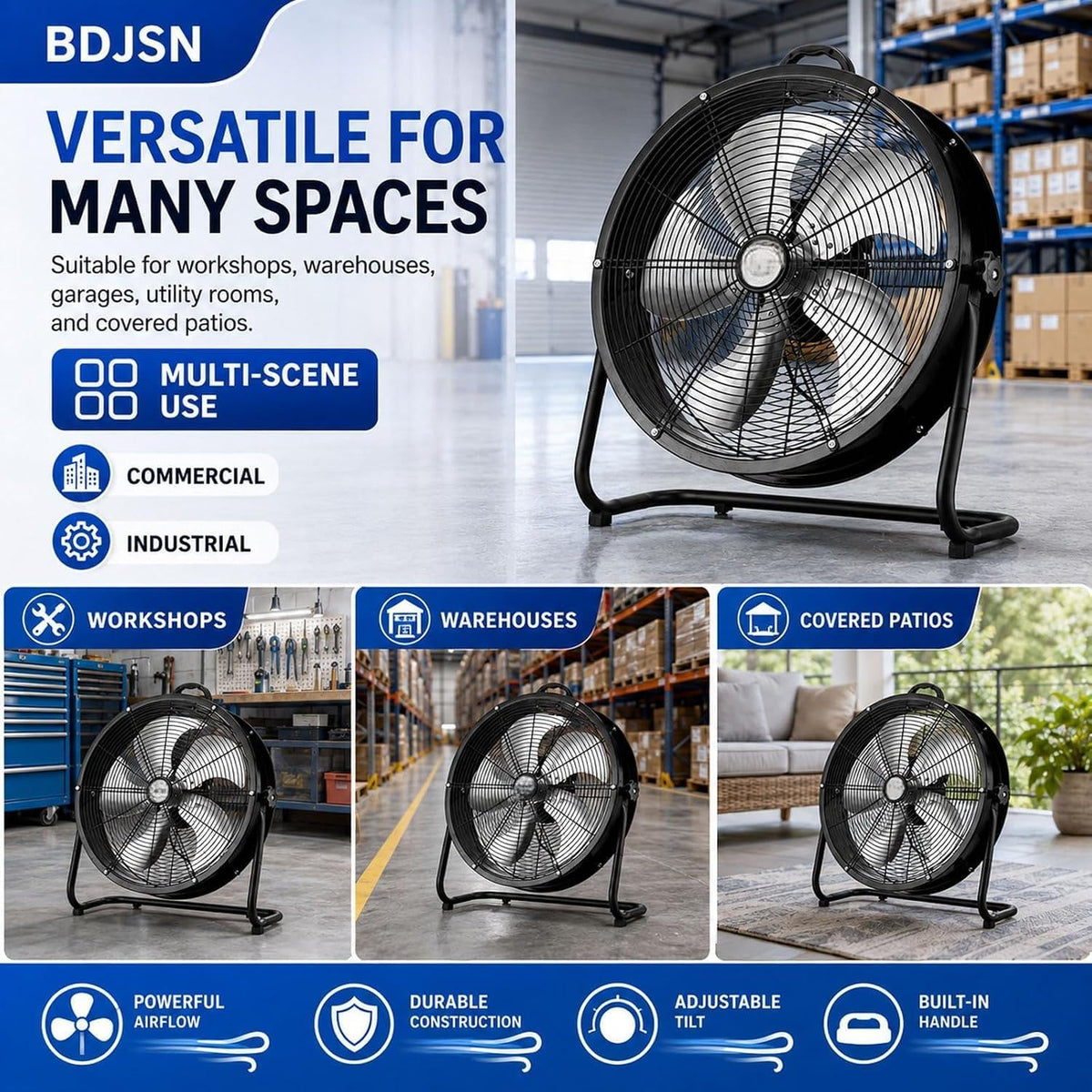 Industrial Drum Fan, High Velocity Air Circulator with 5 Aluminium Blades, 3-Speed Adjustable Tilt Metal Floor Fan T484