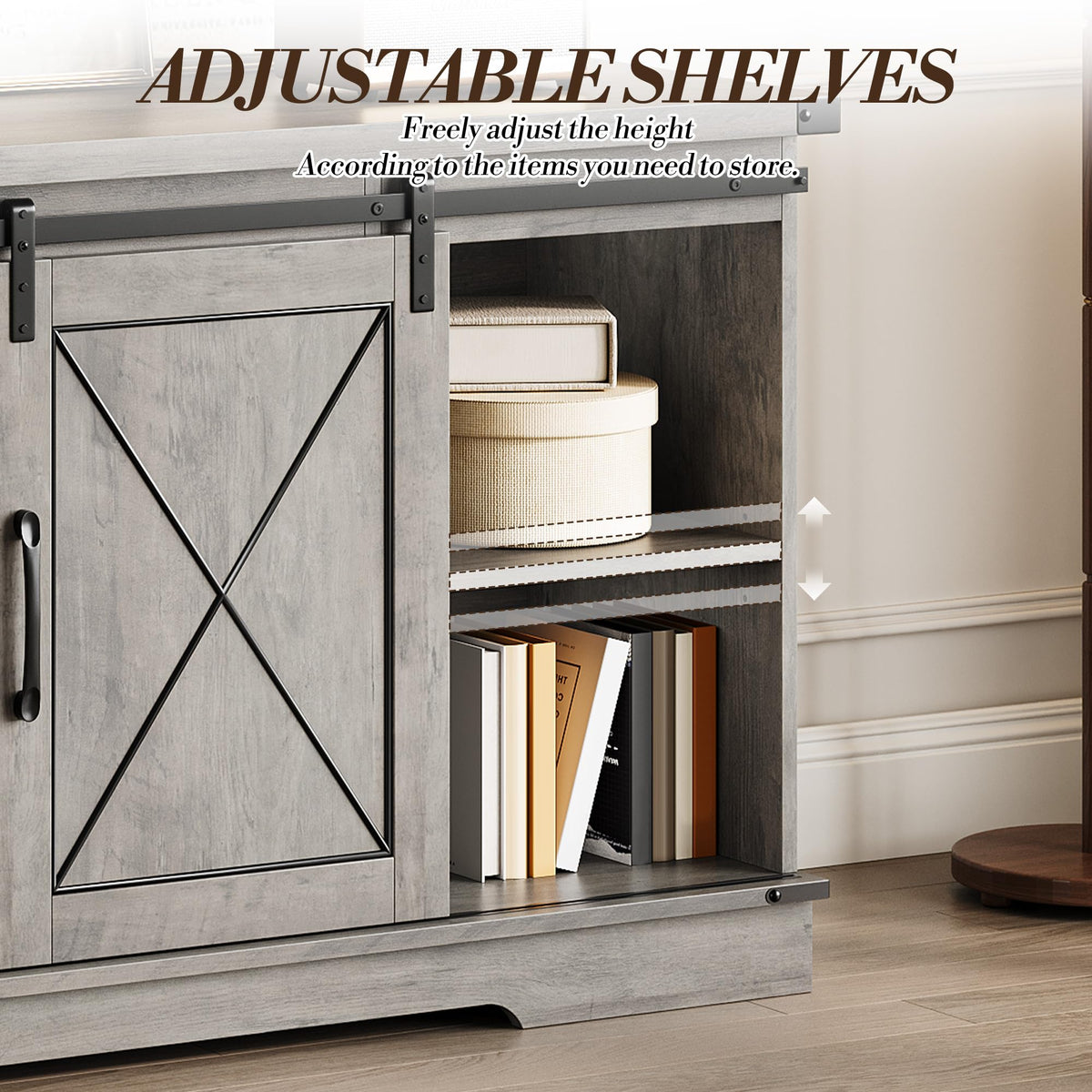 Farmhouse TV Stand 65+ inch with Sliding Barn Doors and Storage Cabinets C537
