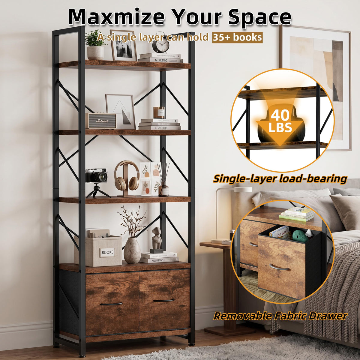 5 Tier Wood Bookshelf with Drawer I382382