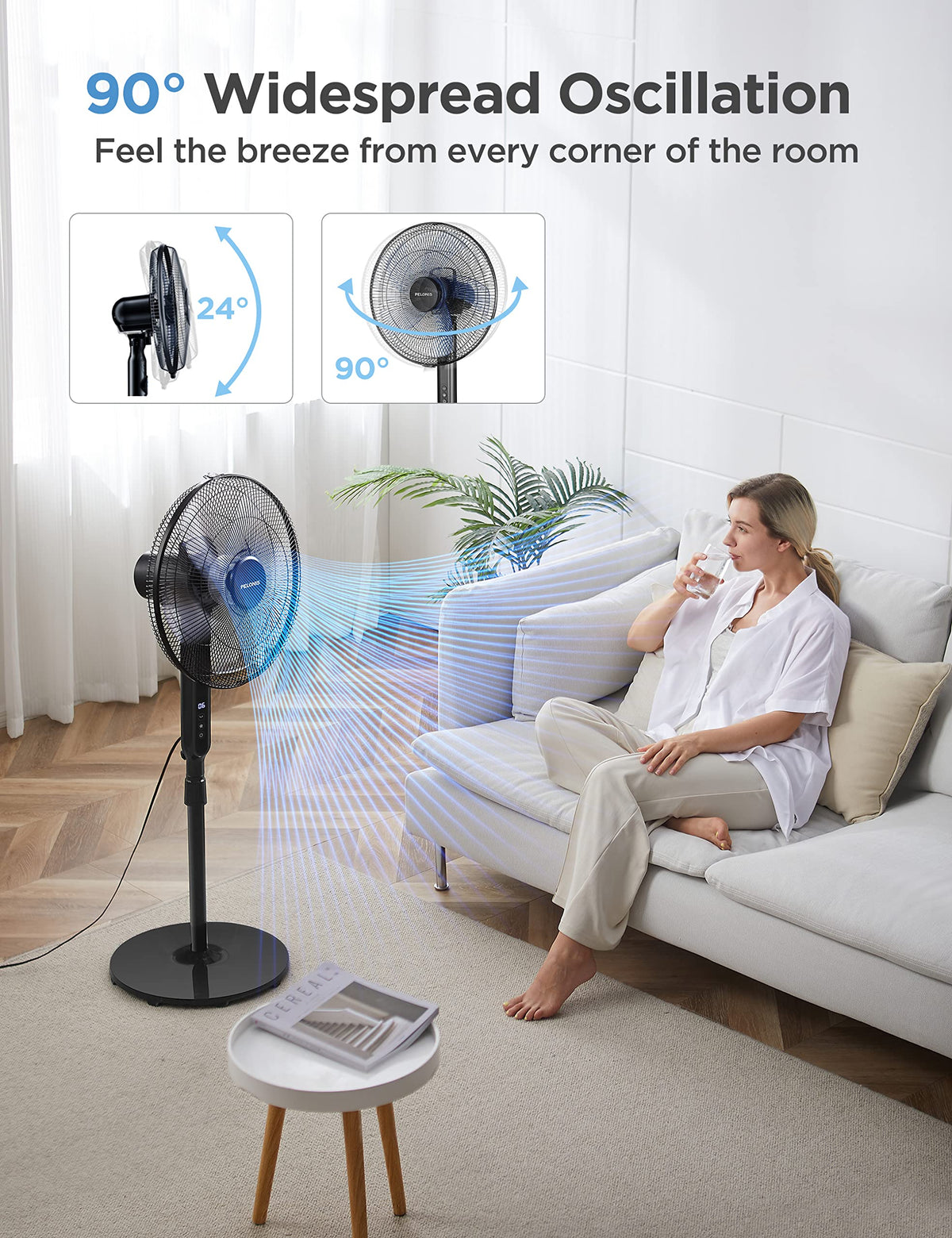 16" Oscillating Pedestal Stand Up Fan, Adjustable Height, Ultra Quiet DC Motor, Remote Control, 12 Speed, Black L355665