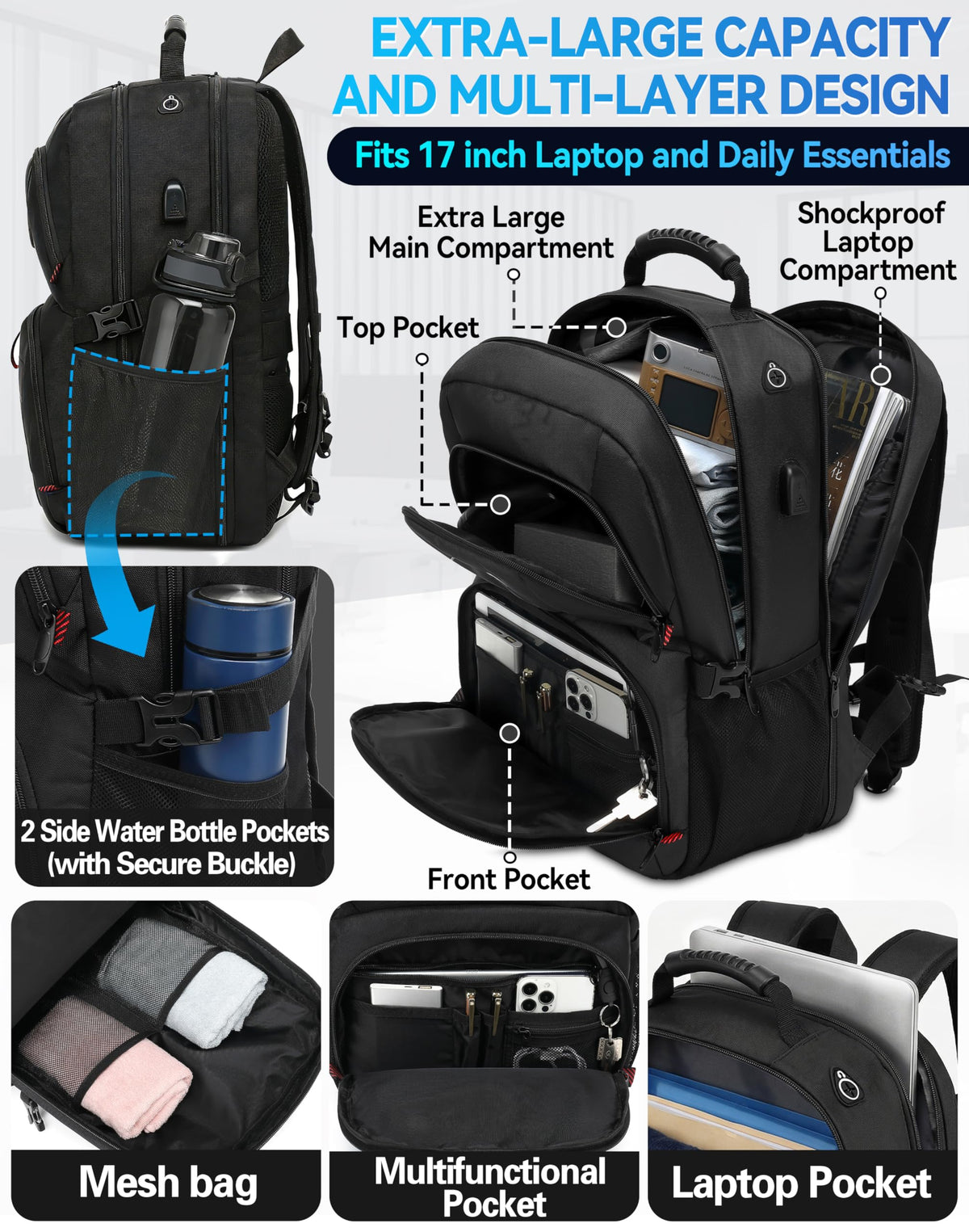 Extra Large Black Laptop Backpack with USB Charging Port R210