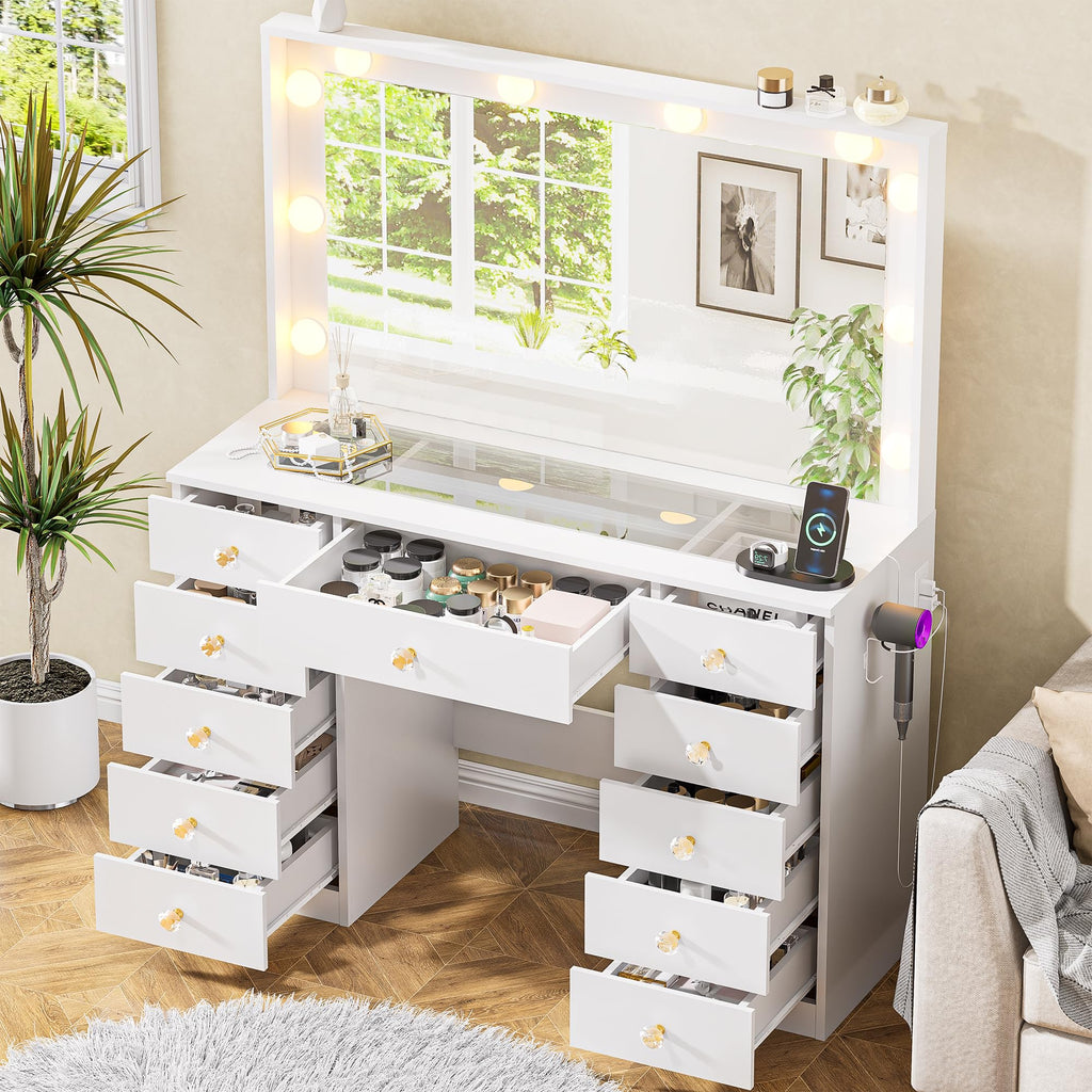 White Vanity Desk with Mirror 10 LED Lights 11 Drawers S101