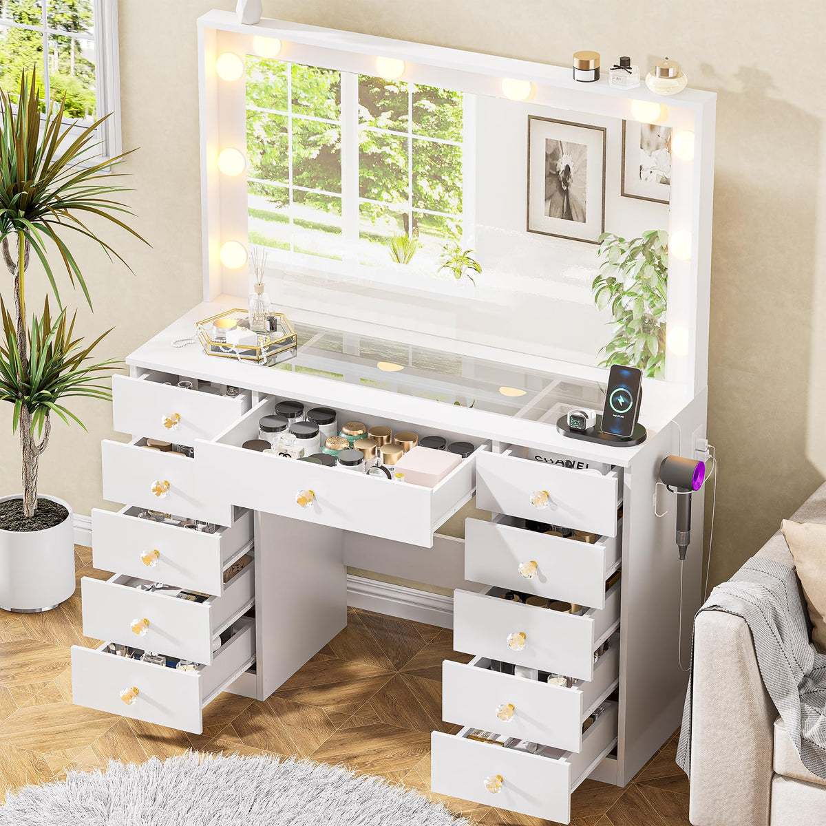 White Vanity Desk with Mirror 10 LED Lights 11 Drawers S101
