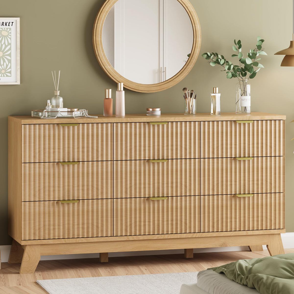 Natural Oak 9 Drawer Fluted Wood Dresser G22715