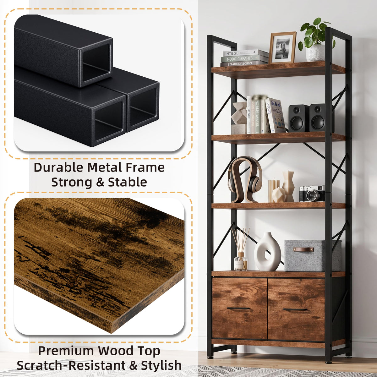 5 Tier Wood Bookshelf with Drawer I382382
